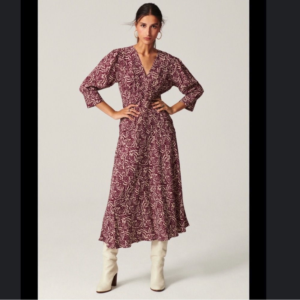 BA&SH Loa Midi dress in purple ivory print women’s size US 8 INT L - Picture 4 of 11